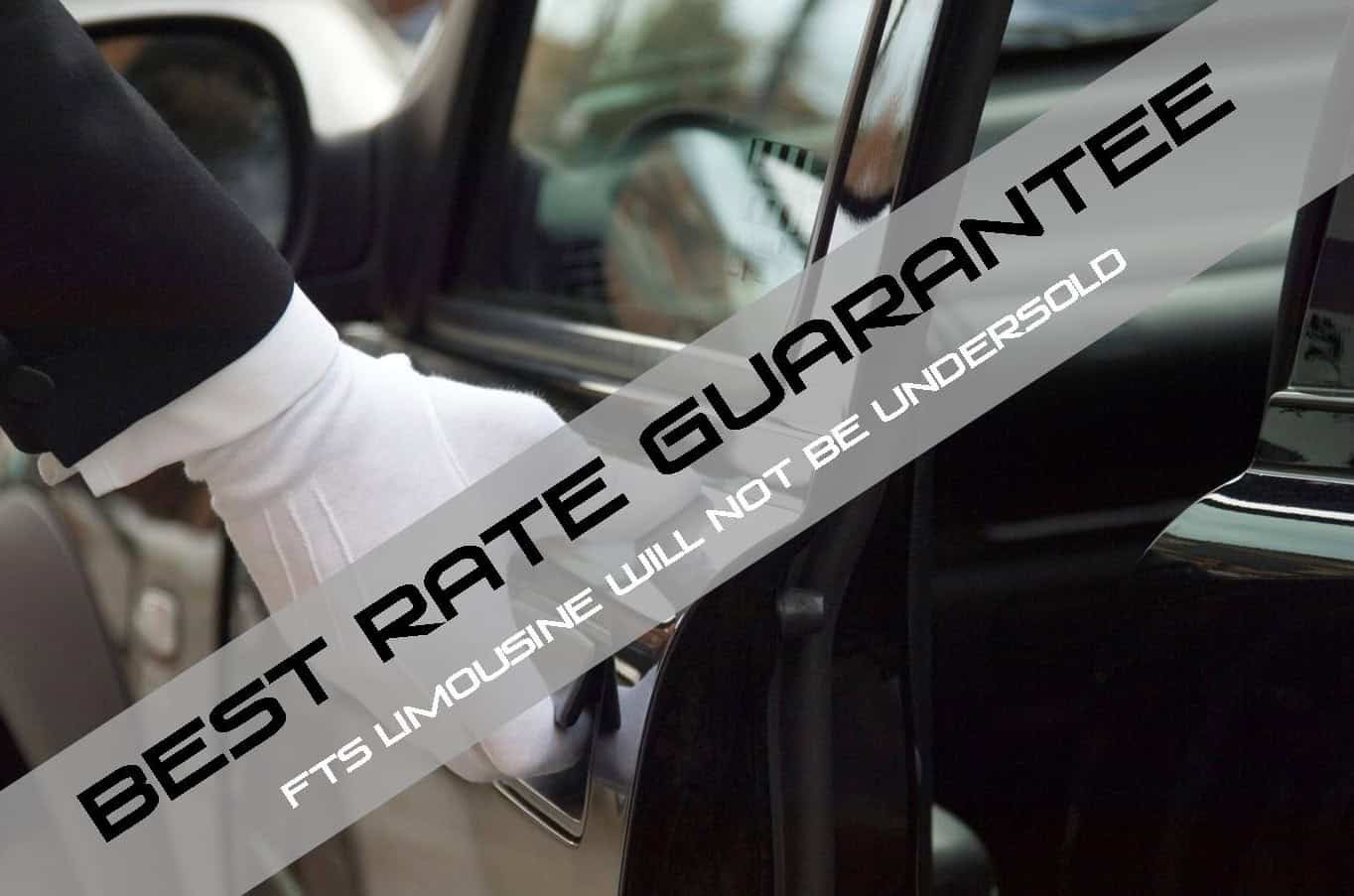 Picture of a Chauffeur with white glove opening a car door with a banner add that says "Best Rate Guarantee"