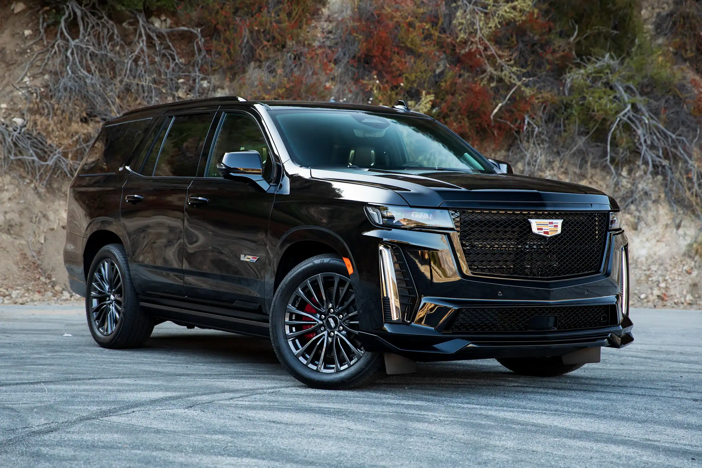 Cadillac Escalade ESV luxury SUV parked outdoors in the Florida sunshine, providing executive black car transportation throughout North Florida.