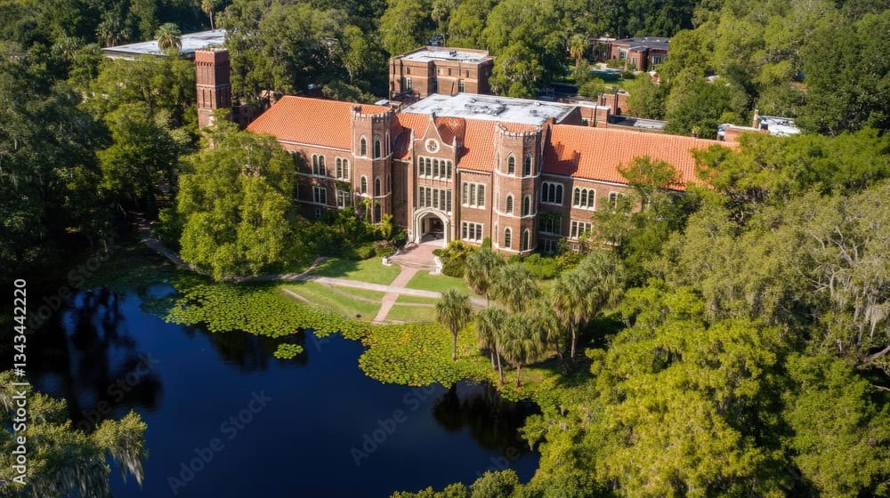 Aerial view of the University of Florida campus featuring historic academic buildings overlooking Lake Alice in Gainesville, Florida