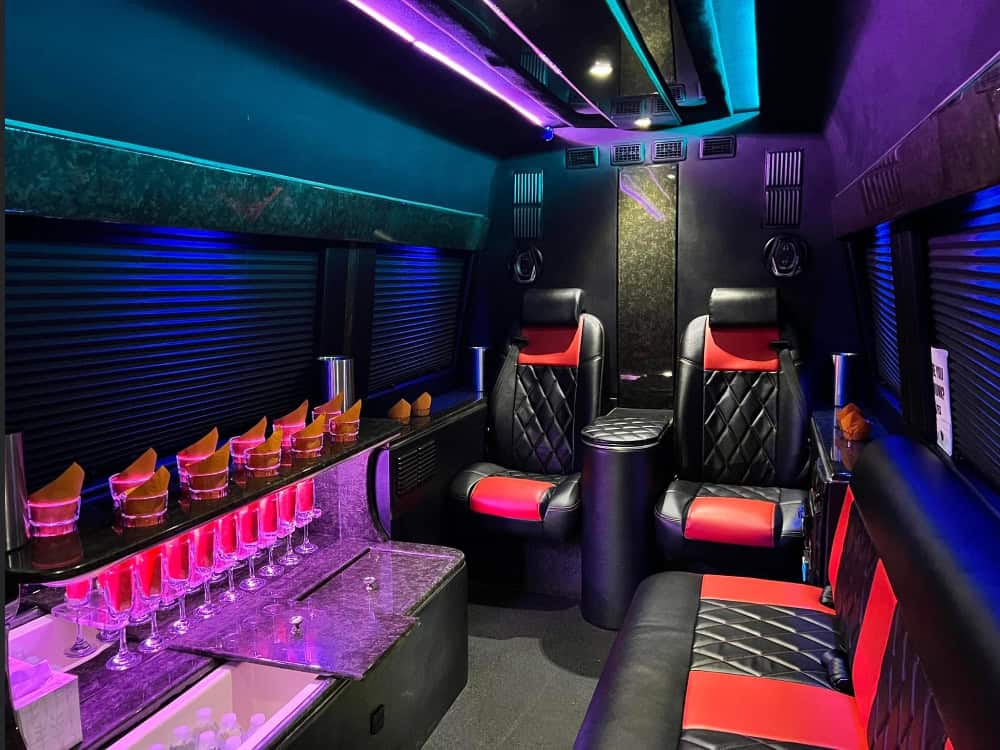 Mercedes Sprinter Limousine Interior – Luxury Black Car Service with Bar & Ambient Lighting in Gainesville, Florida
