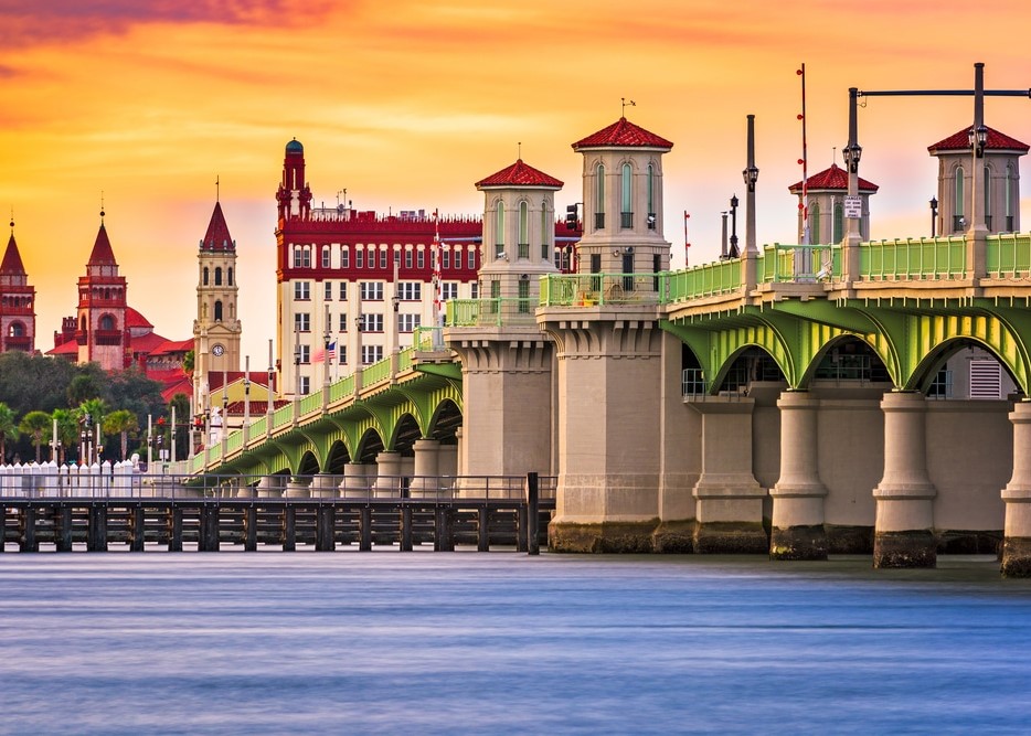 St. Augustine Florida city skyline with the Bridge of Lions viewed from the water’s edge.
