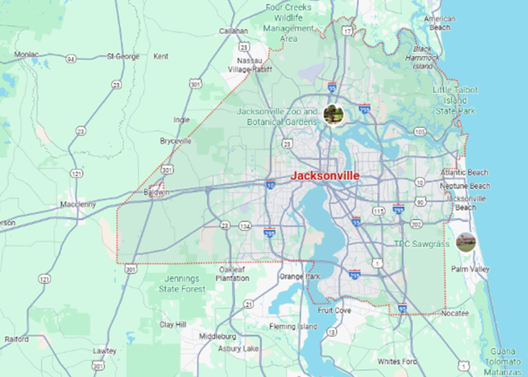 Map of Jacksonville Florida showing city streets, neighborhoods, and key locations.