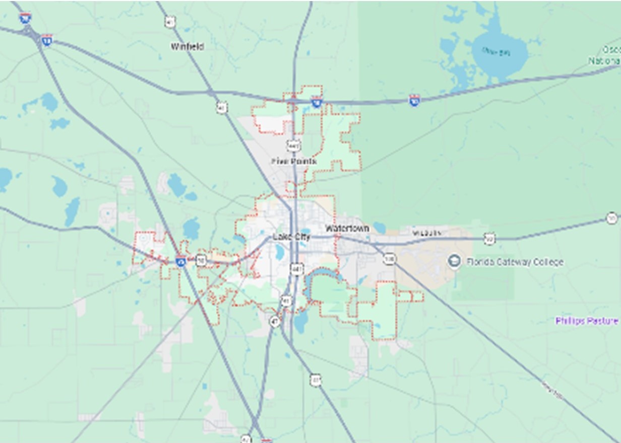 Map of Lake City Florida showing streets, neighborhoods, and key locations.