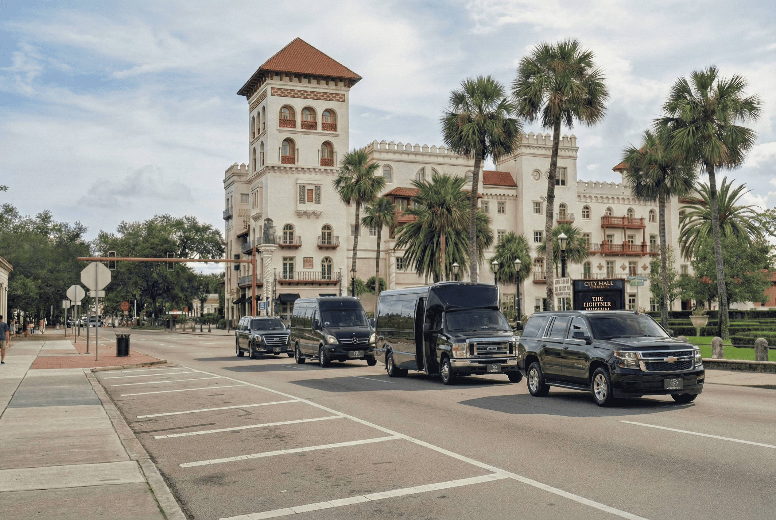 FTS Limousine fleet of minibuses, Sprinters, and luxury SUVs arriving at the Lightner Museum with a wedding party.
