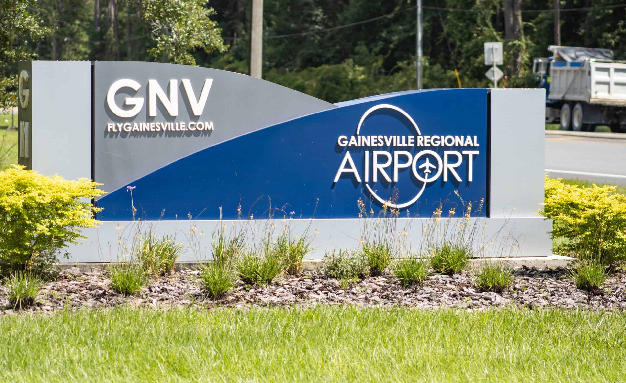 Entrance sign for Gainesville Regional Airport (GNV) in Gainesville, Florida, welcoming travelers to North Florida's commercial airport.