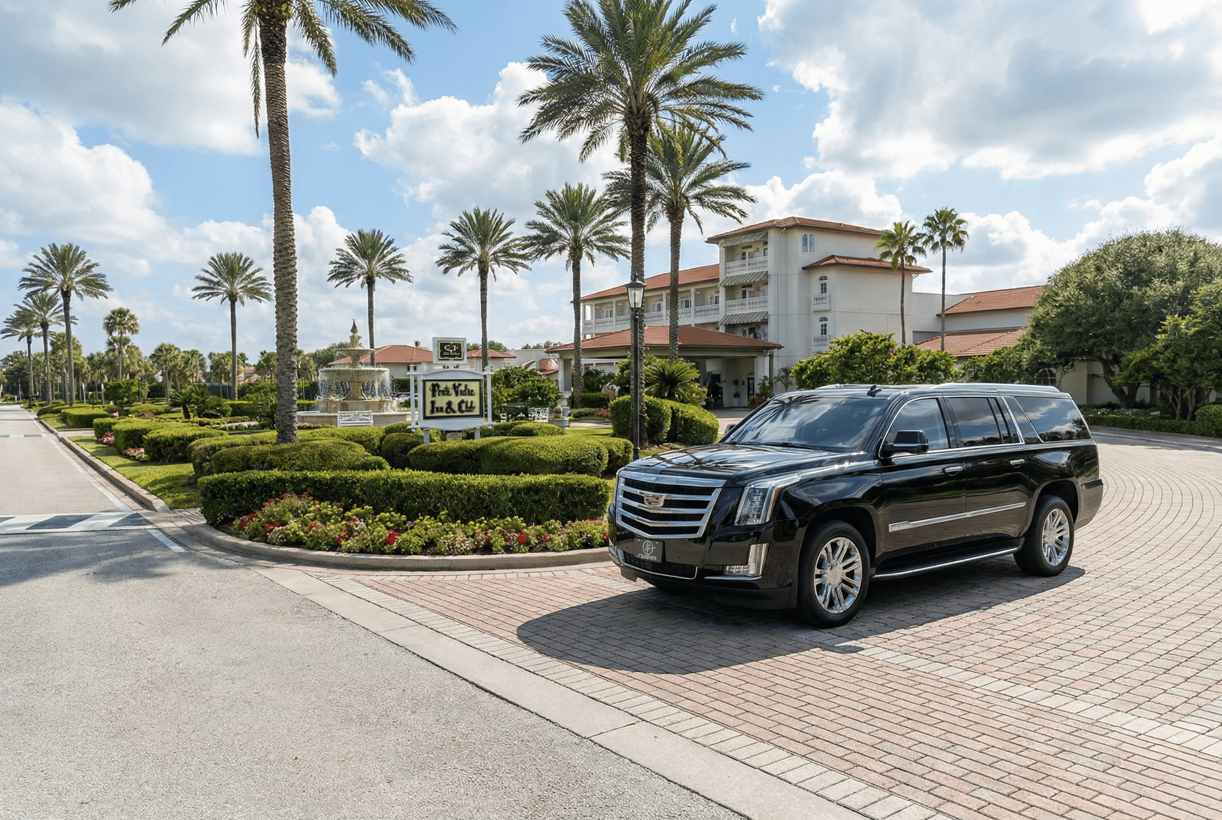 FTS Limousine luxury Cadillac Escalade ESV at the entrance to Ponte Vedra Inn & Club in Ponte Vedra Beach, Florida.
