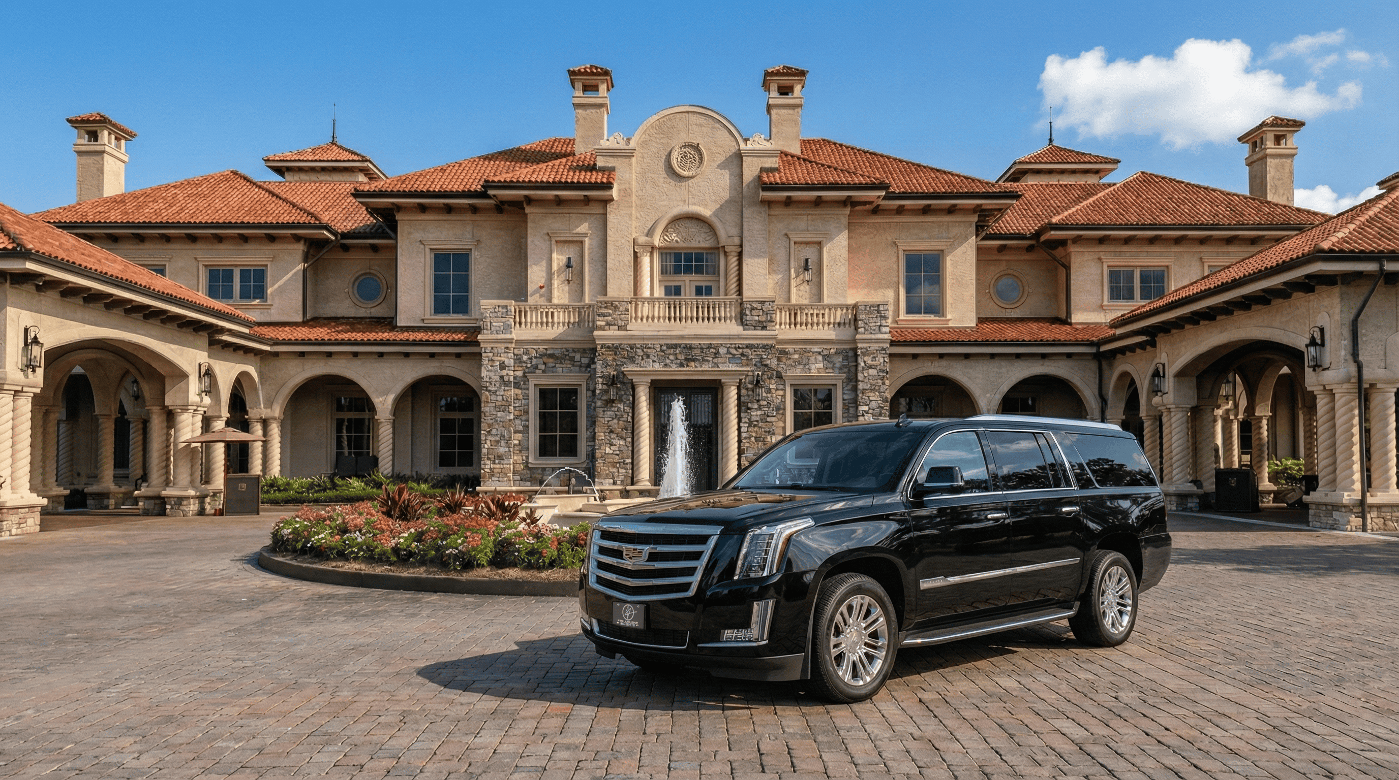 FTS Limousine luxury Cadillac Escalade ESV at the front entrance of the TPC Sawgrass Clubhouse, home of THE PLAYERS Championship in Ponte Vedra Beach, Florida.