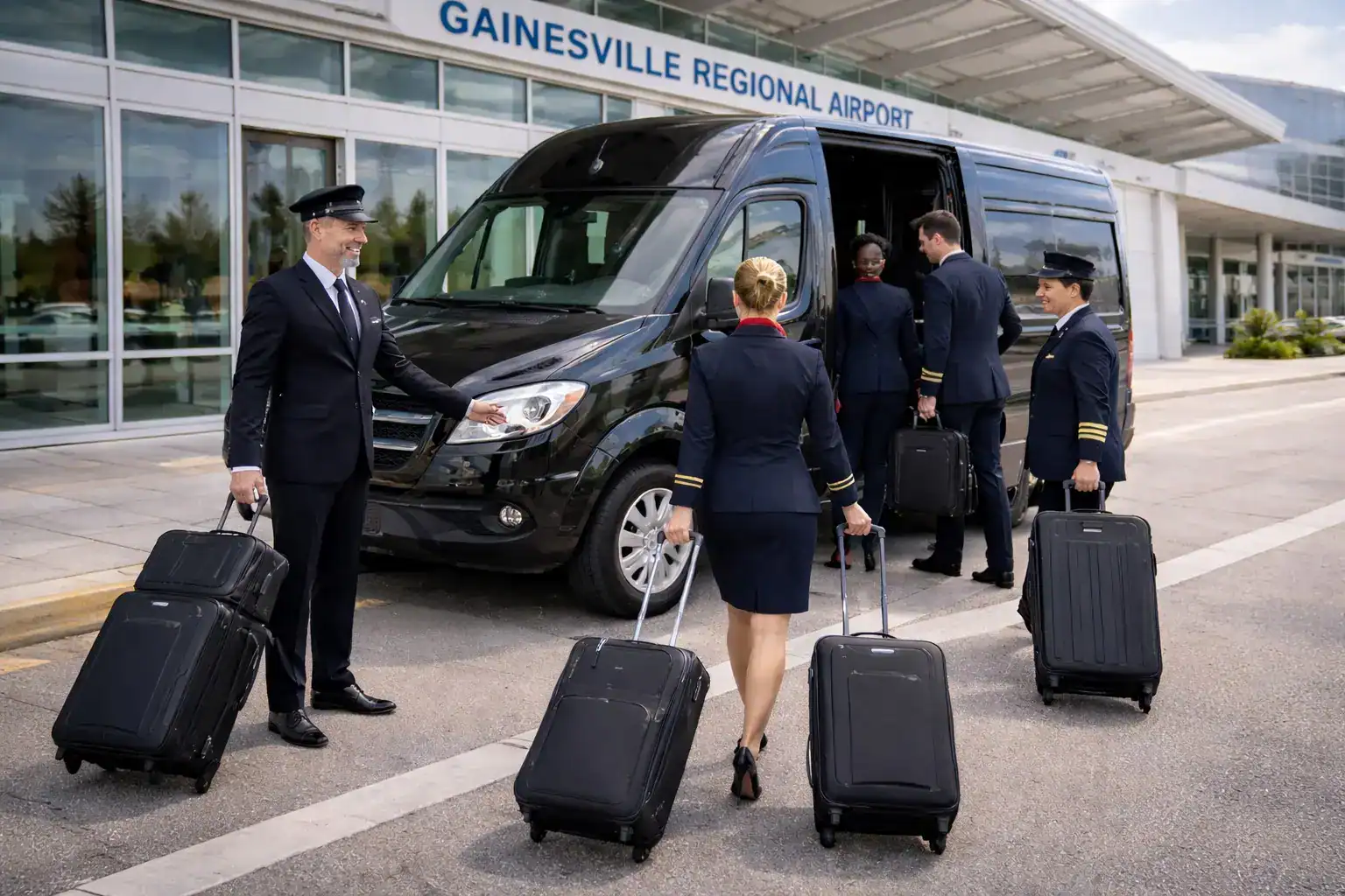 Airline flight crew boarding a luxury Mercedes Sprinter at Gainesville Regional Airport.