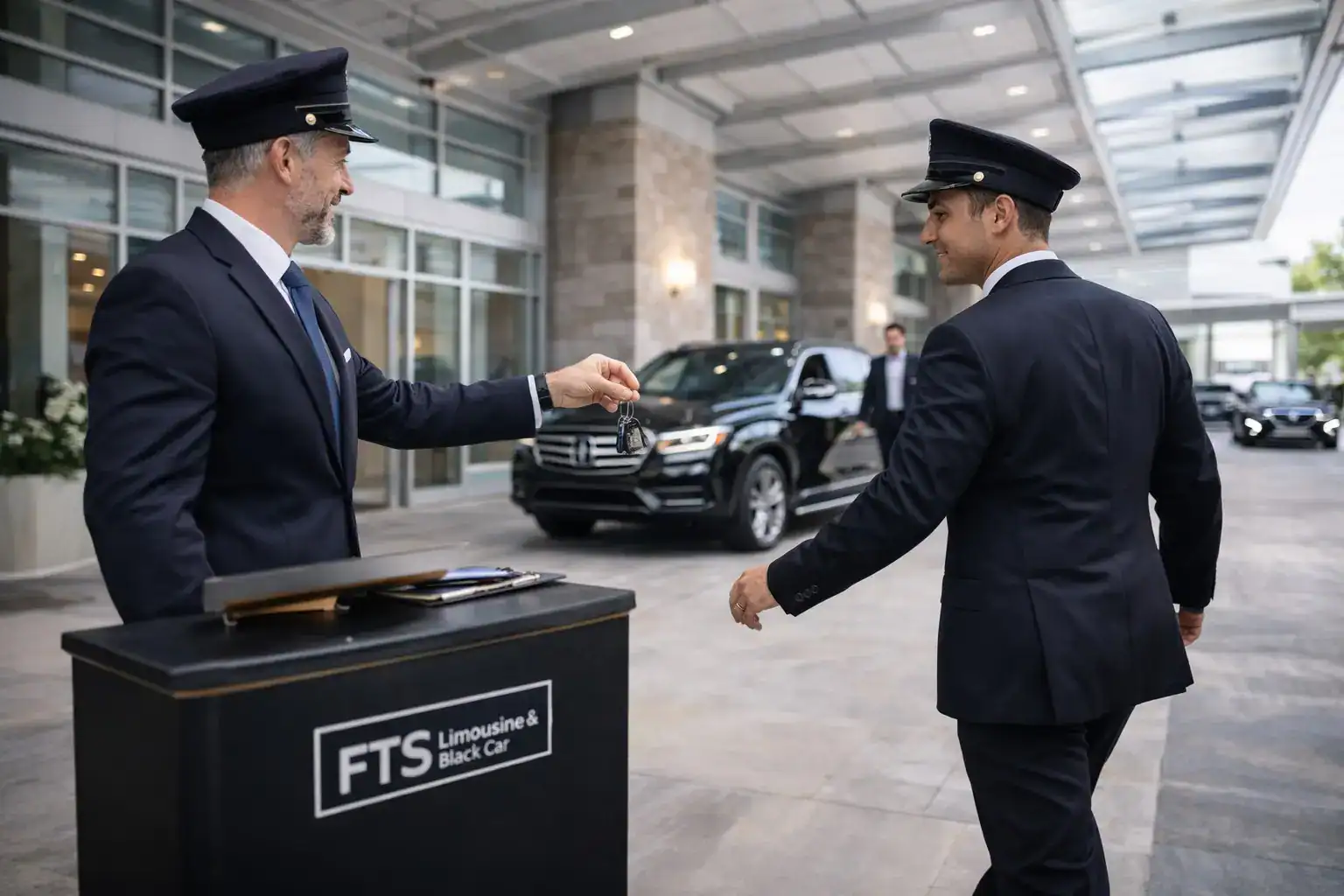 Hotel valet attendants coordinating guest vehicle service outside a North Florida hotel.