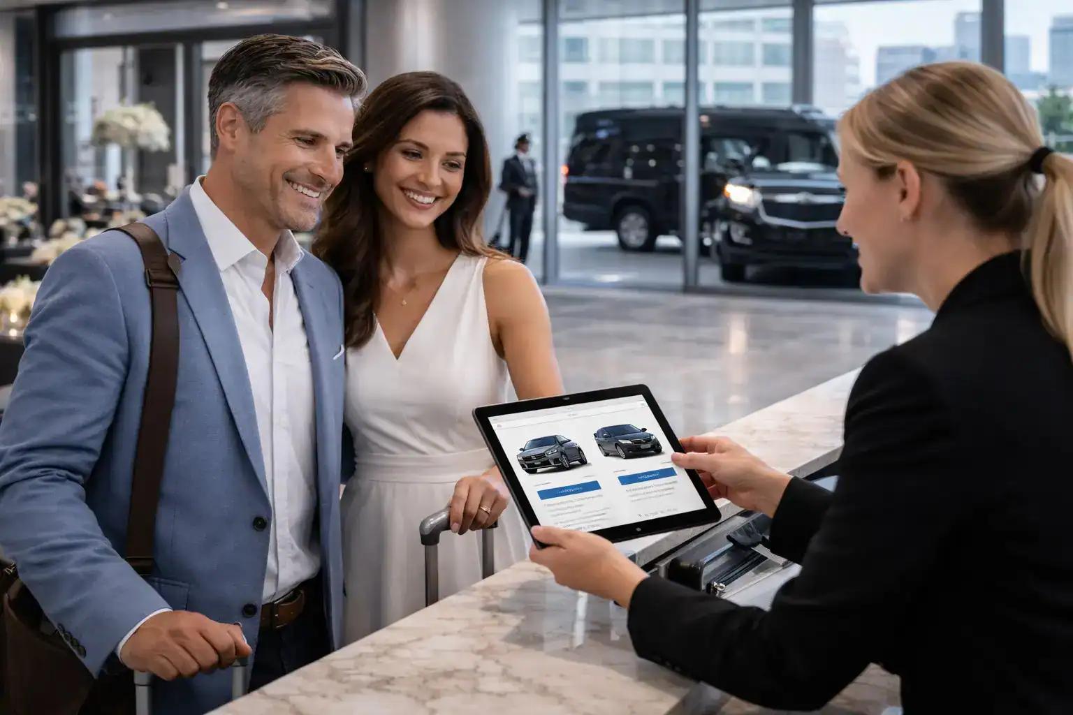 Hotel staff arranging professional chauffeur service for guests using the FTS reservation system.