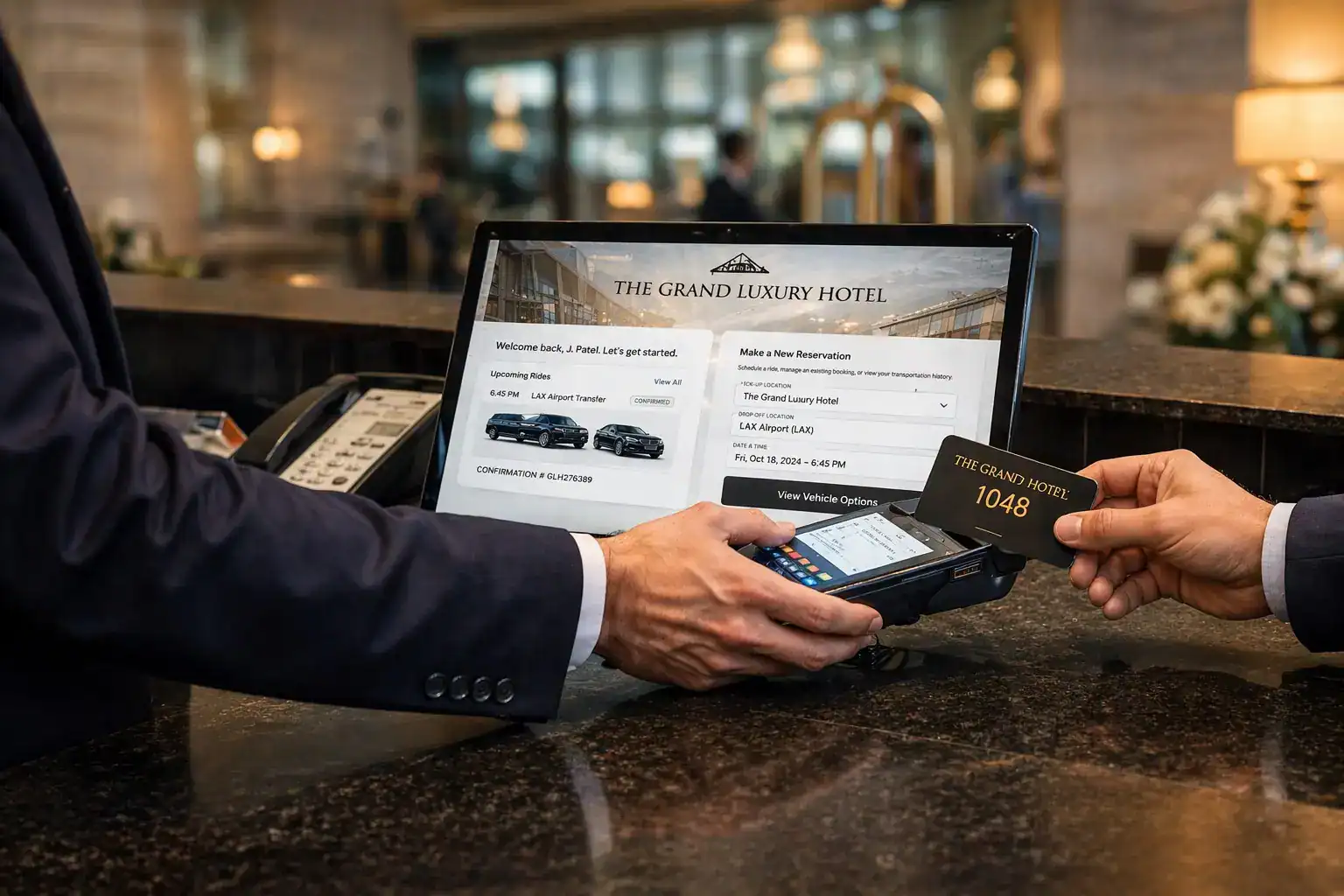 Hotel guest charging luxury chauffeur service to their hotel room during checkout.