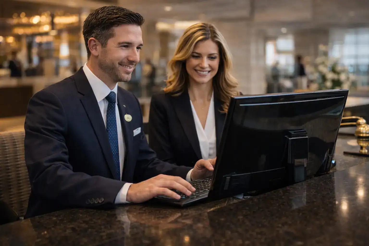 Hotel staff using the FTS online booking platform to schedule professional chauffeur service for guests.