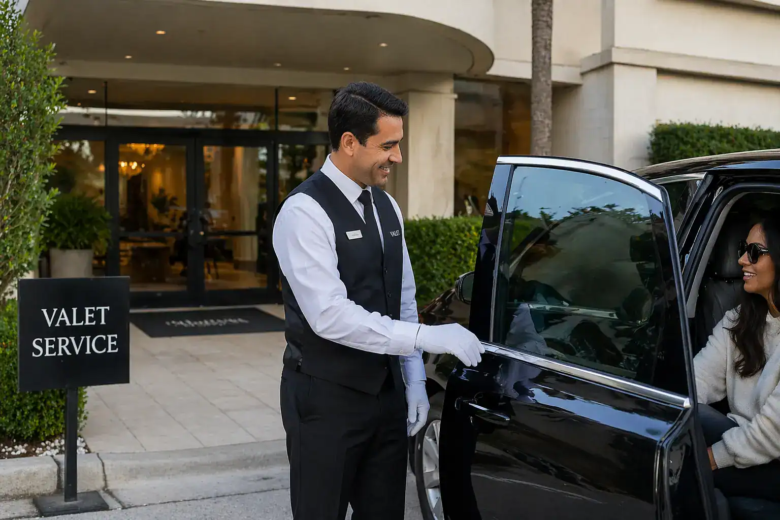 Hotel valet attendant welcoming arriving guests and opening the vehicle door outside the hotel entrance.