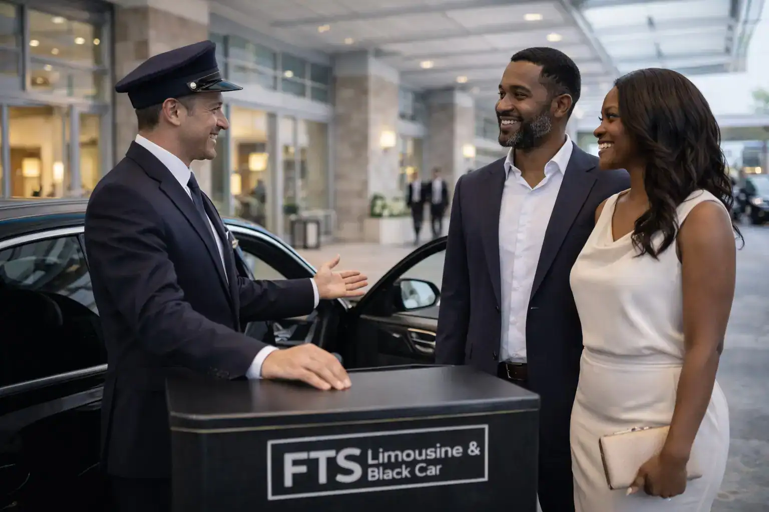Hotel valet attendant welcoming arriving guests at the valet counter before their chauffeur service.