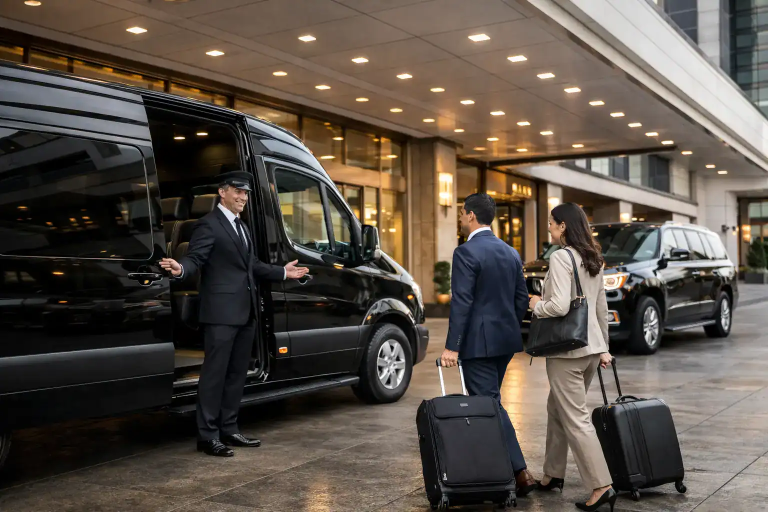 Professional chauffeur welcoming business travelers boarding a luxury Mercedes Sprinter outside a Gainesville hotel.