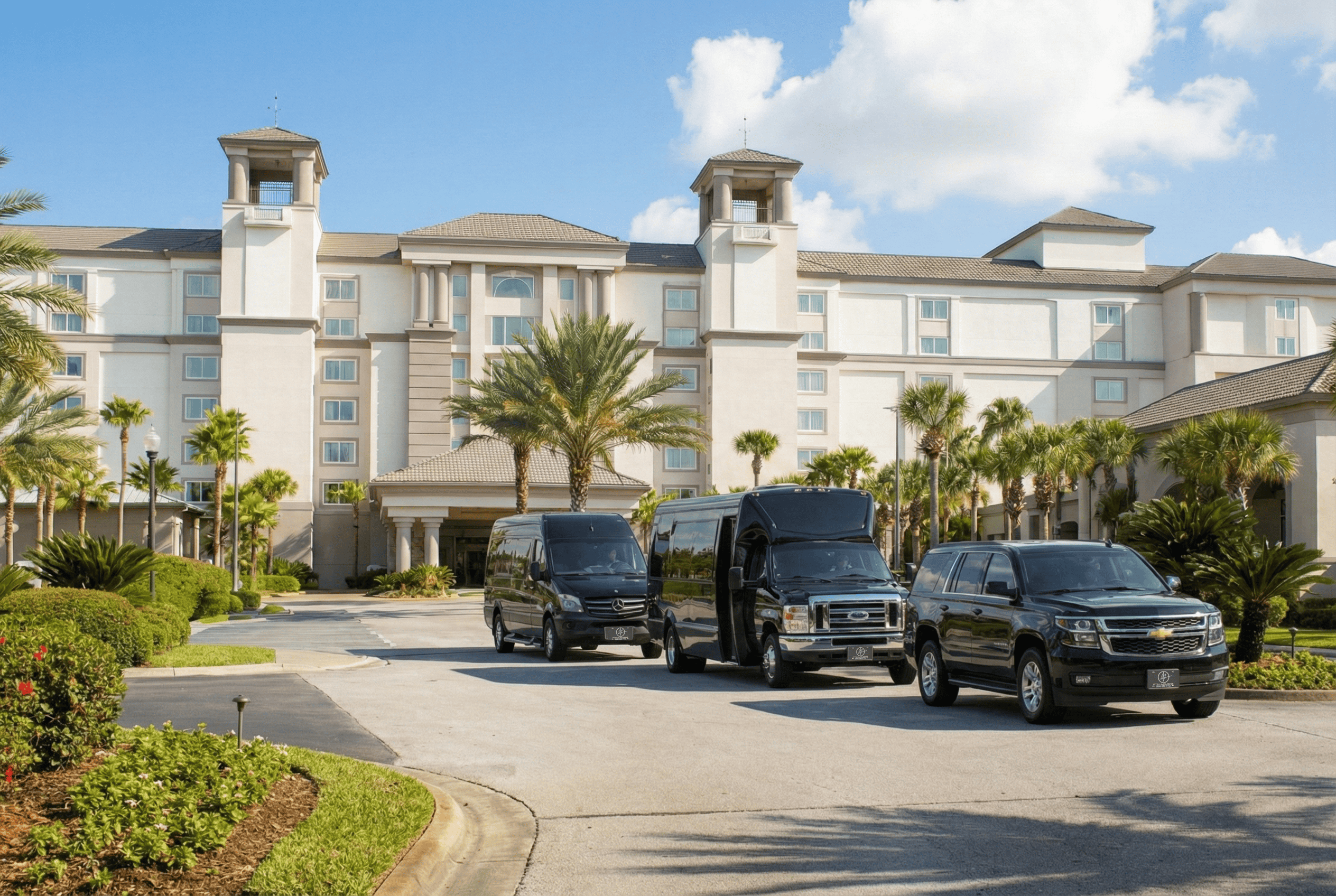 FTS Limousine executive shuttle bus, Mercedes Sprinter, and luxury SUV parked outside a luxury hotel entrance.