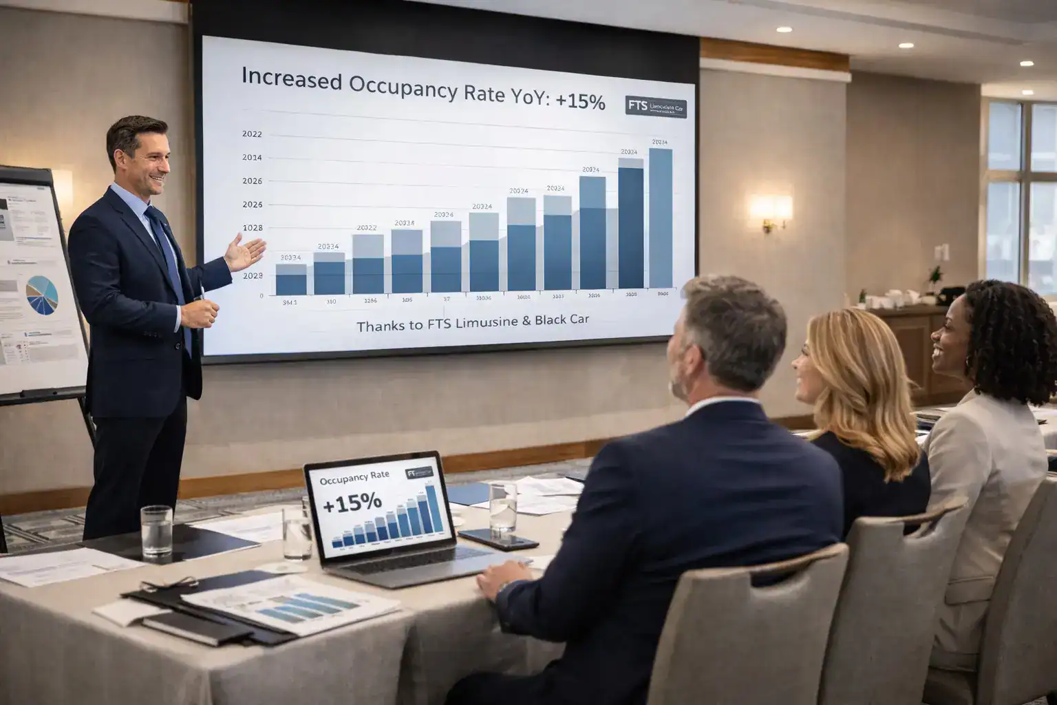 Hotel leadership team reviewing a presentation showing increased occupancy and guest bookings through a transportation partnership.