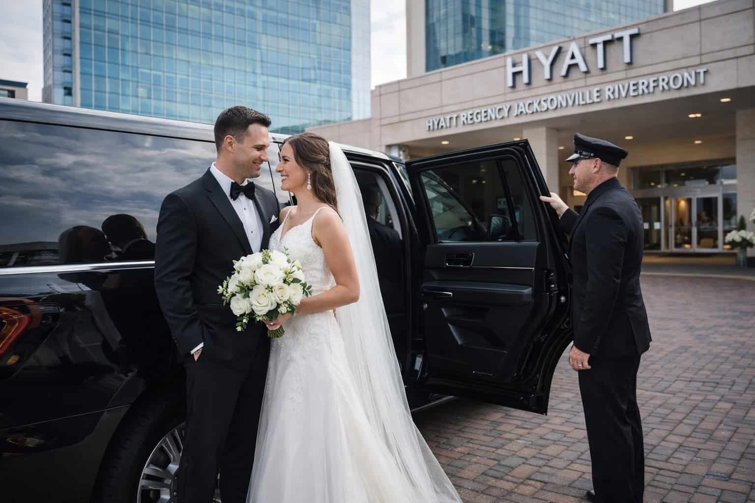 Luxury SUV with chauffeur outside Hyatt Regency Jacksonville Riverfront in downtown Jacksonville, Florida.
