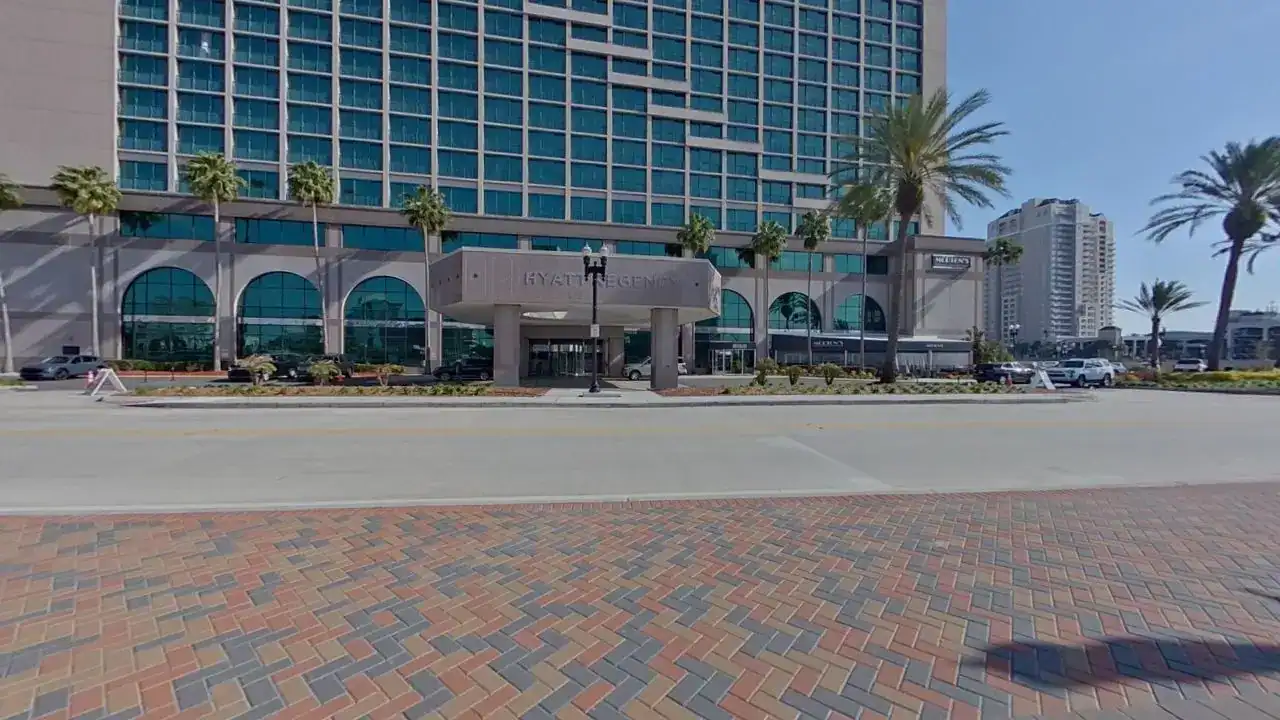 Front entrance of the Hyatt Regency Jacksonville Riverfront hotel in downtown Jacksonville, Florida.