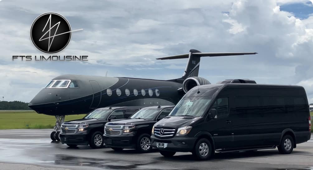 FTS Limousine luxury SUVs and a Mercedes Sprinter staged beside a private jet on the airport tarmac.