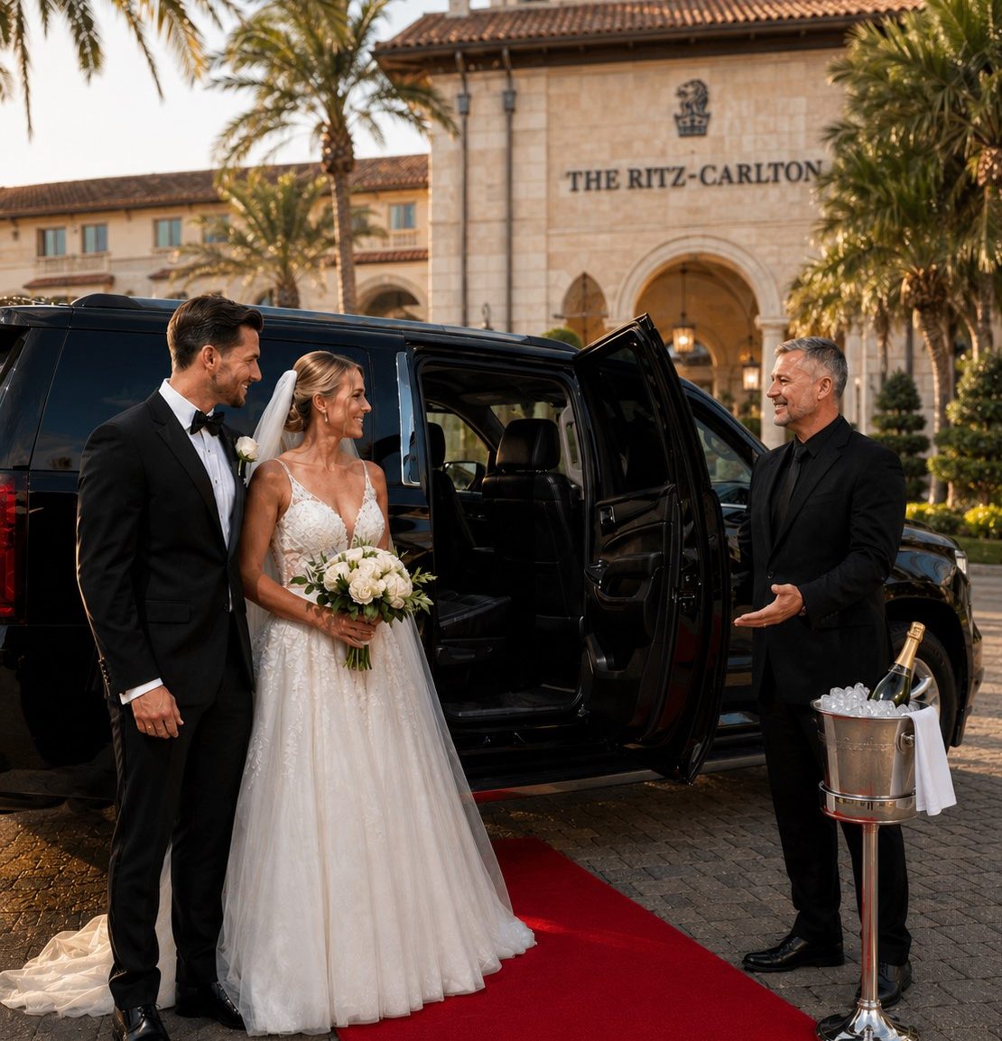 Bride and groom welcomed by an FTS Limousine chauffeur with red carpet and champagne service outside The Ritz-Carlton.