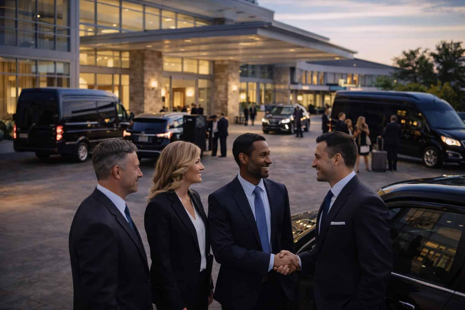 Business professionals shaking hands while FTS Limousine chauffeurs coordinate guest transportation outside a luxury hotel.