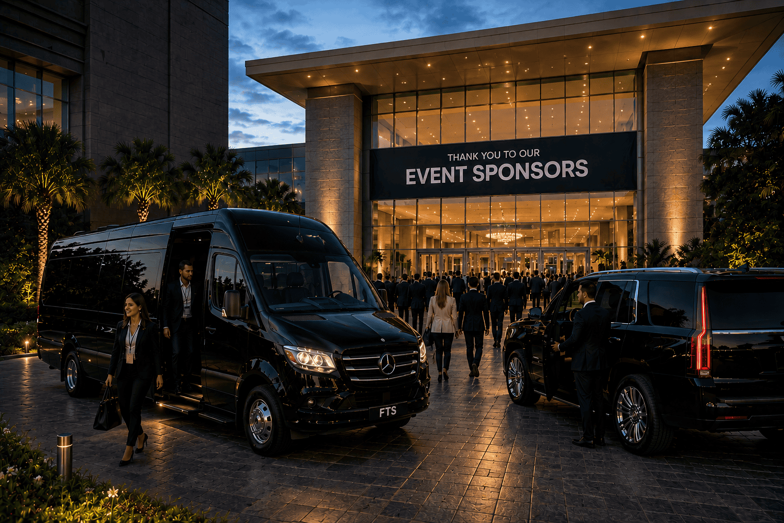 Passengers arriving in an FTS Limousine Mercedes Sprinter and luxury SUV outside a conference center recognizing event sponsors.