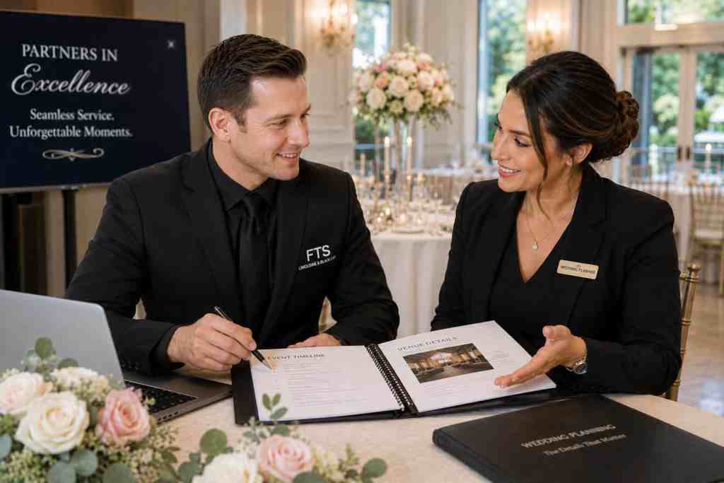 FTS Limousine event manager meeting with a wedding planner to coordinate transportation schedules and wedding day logistics.