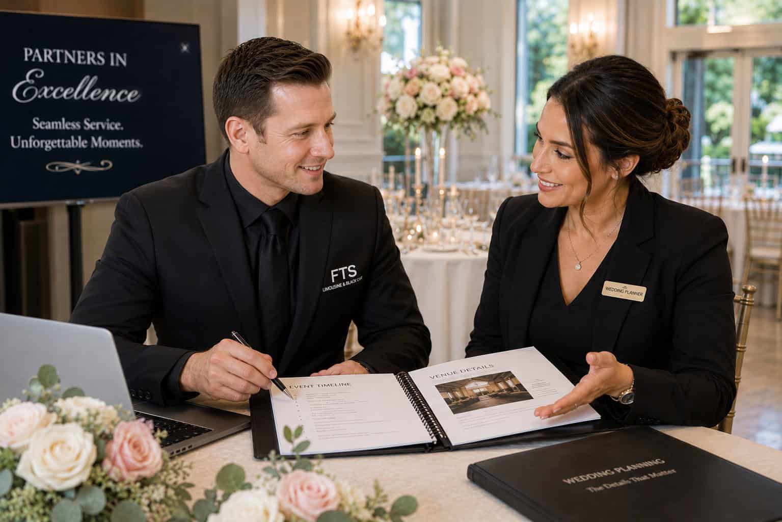 FTS Limousine event manager meeting with a wedding planner to coordinate transportation schedules and wedding day logistics.