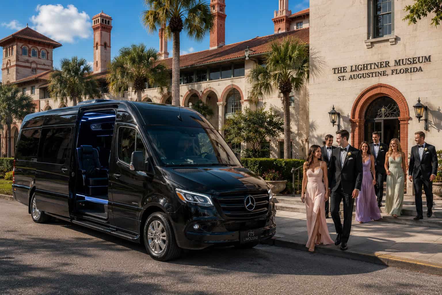 Wedding guests departing the Lightner Museum in St. Augustine, Florida, aboard FTS Limousine luxury transportation.