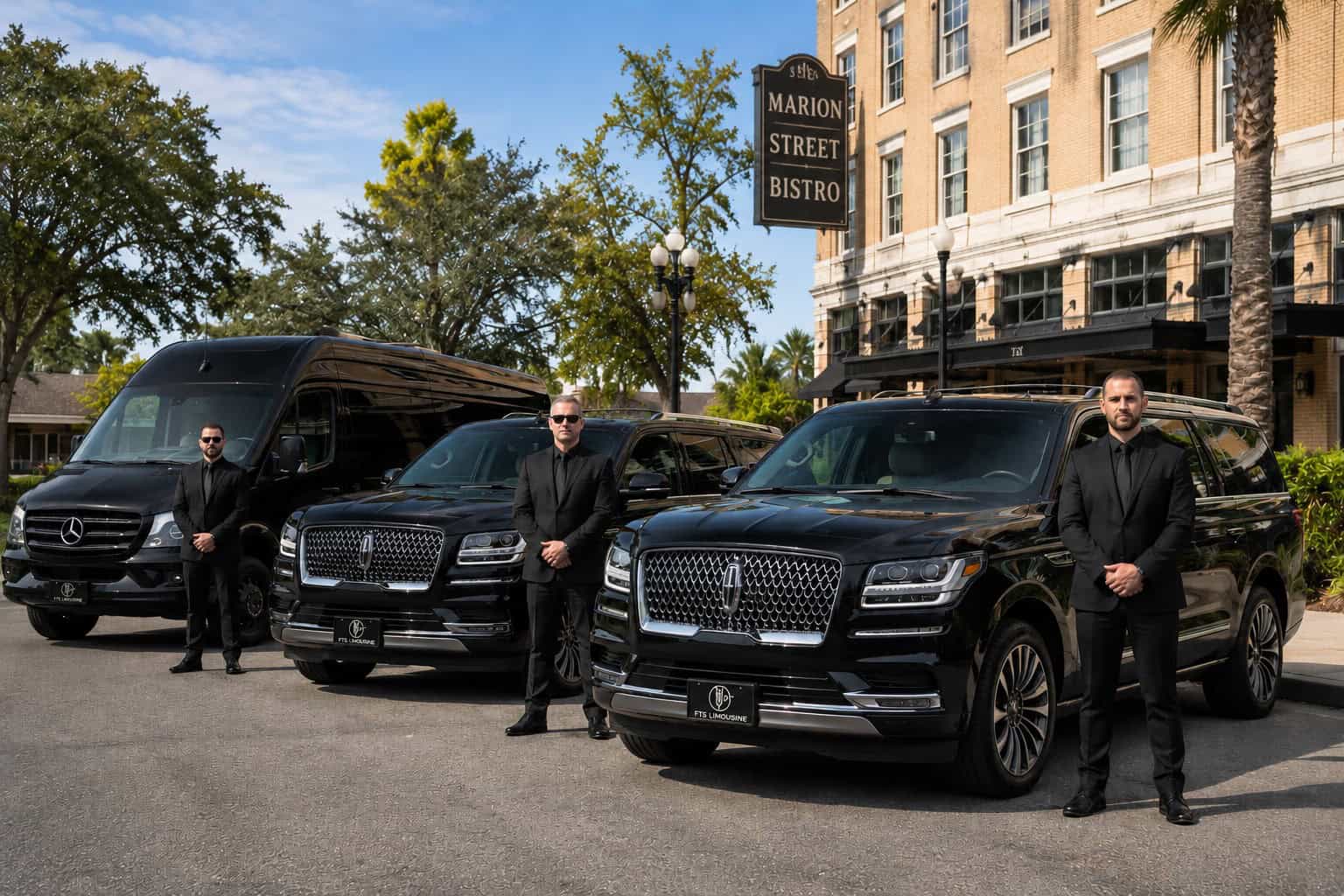 FTS Limousine Mercedes Sprinter and two Lincoln Navigator SUVs parked outside Marion Street Bistro in Lake City, Florida, with professional chauffeurs standing beside the vehicles.