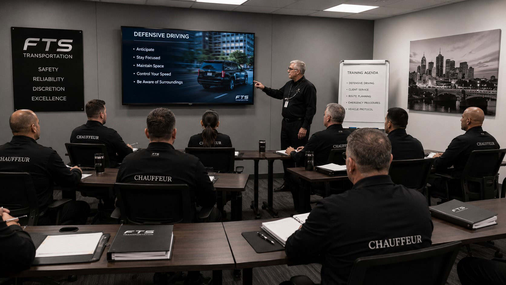 FTS Limousine chauffeurs and leadership team participating in a professional training session focused on safety, customer service, and operational excellence.