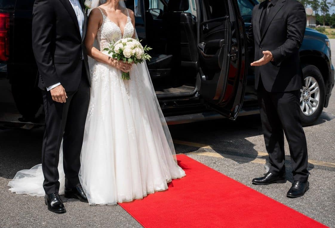 Bride and groom standing on a red carpet beside an FTS Limousine luxury SUV during their wedding arrival.
