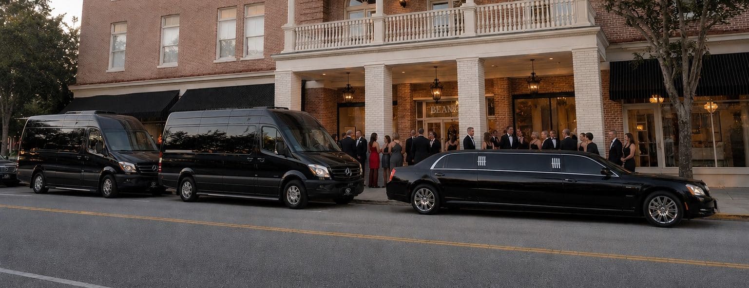 Two FTS Limousine Mercedes Sprinter vans and a stretch limousine parked outside The Blanche in Lake City, Florida, as guests gather at the entrance.