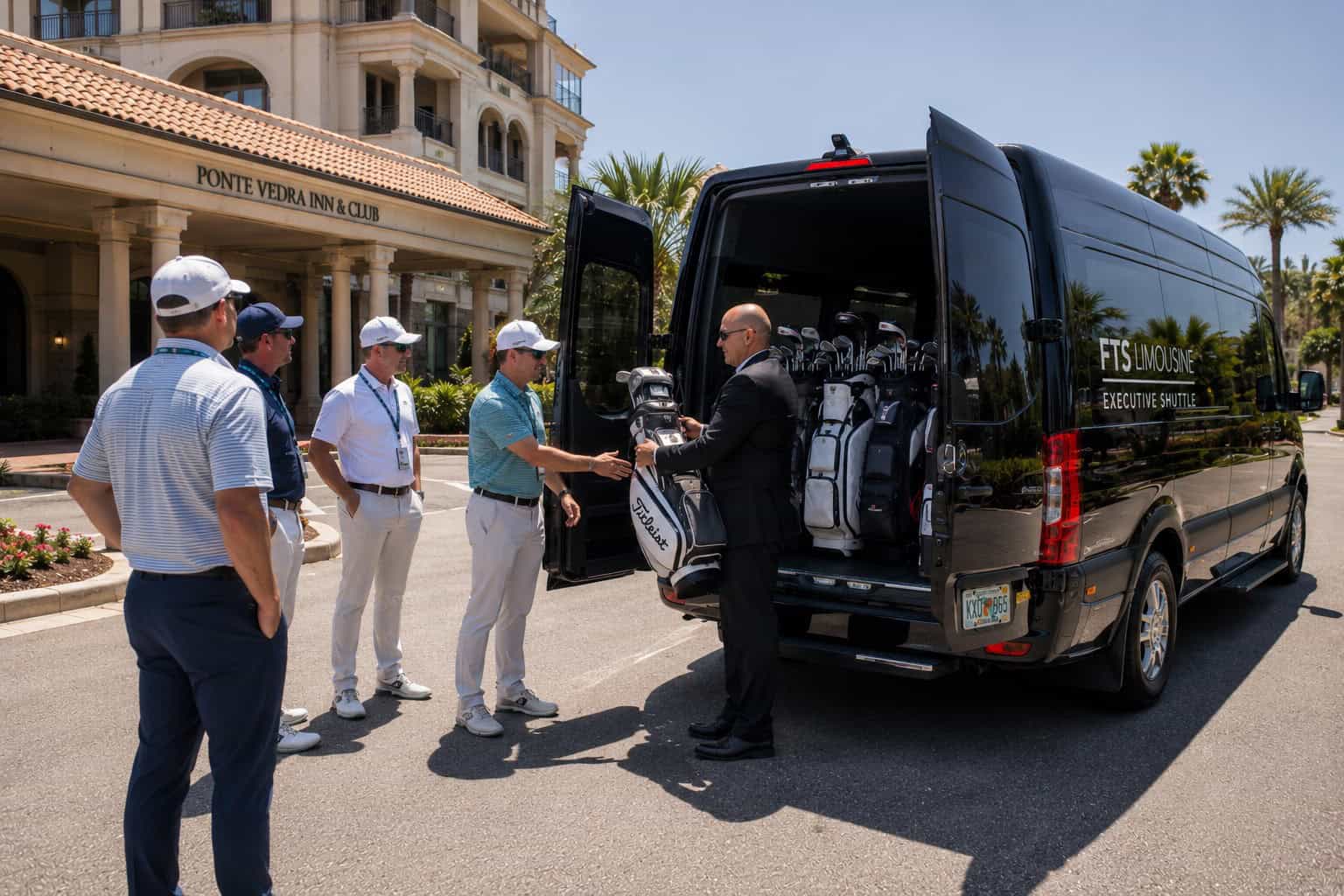 Event sponsors arriving in an FTS Limousine Mercedes Sprinter at Ponte Vedra Inn & Club while a chauffeur unloads golf clubs for each guest.
