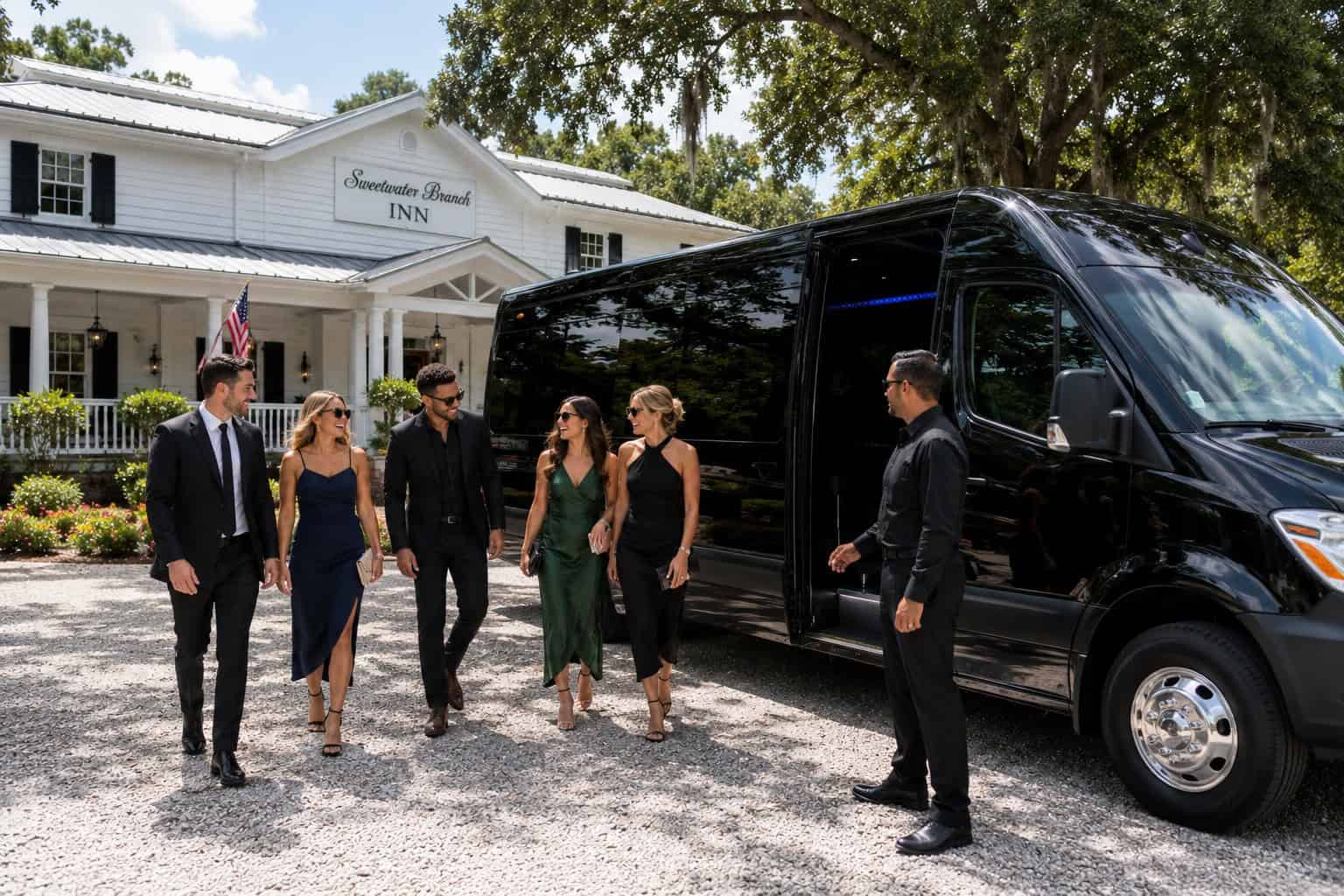 Wedding guests preparing to board an FTS Limousine Mercedes Sprinter outside Sweetwater Branch Inn in Gainesville, Florida.