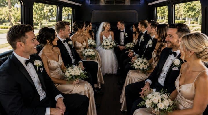 Large wedding party traveling together inside an FTS Limousine luxury shuttle bus.