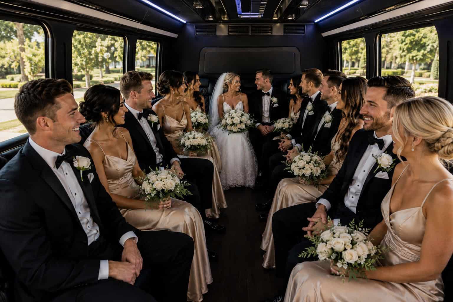 Large wedding party traveling together inside an FTS Limousine luxury shuttle bus.