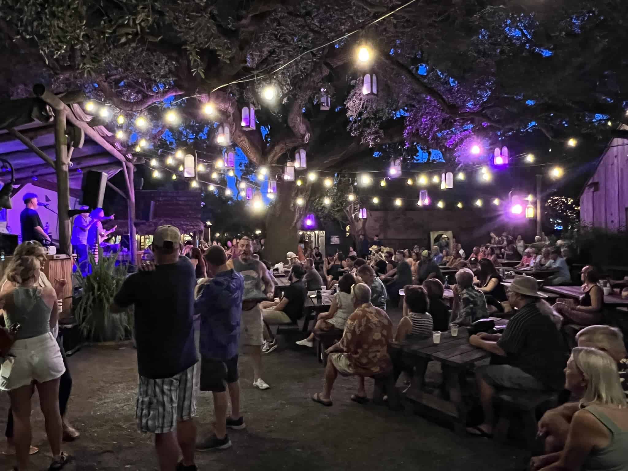 Guests enjoying a live music performance beneath the historic oak tree at Colonial Oak Music Park in St. Augustine, Florida.