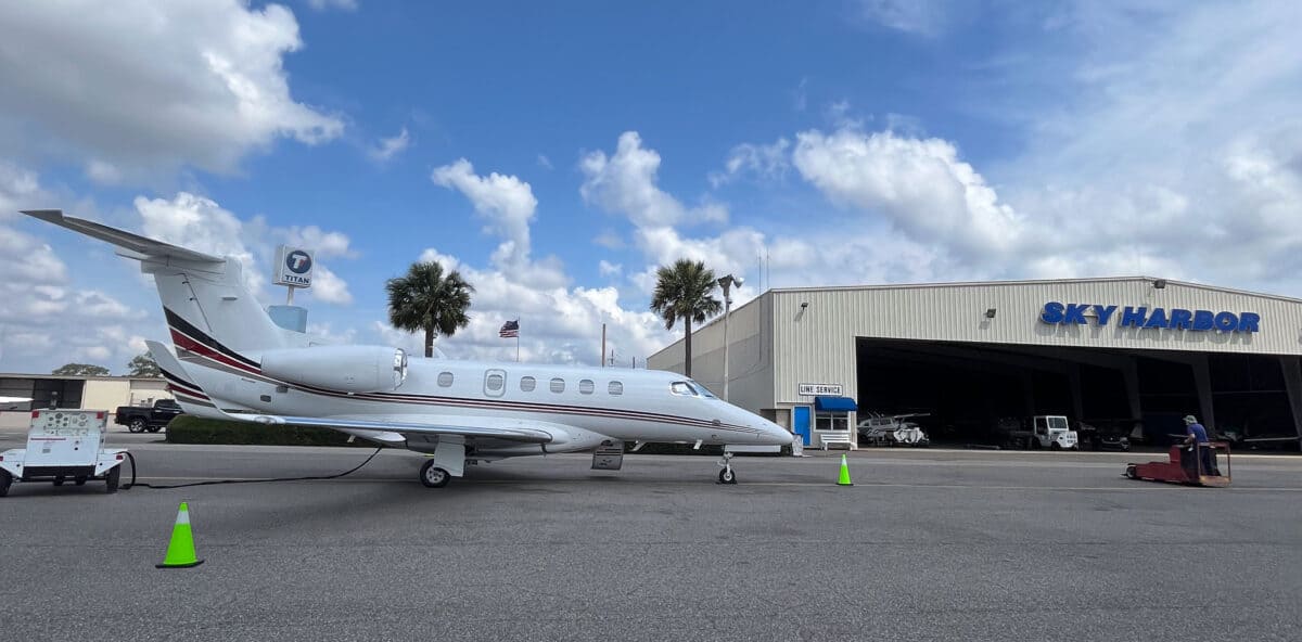 Private jet parked on the tarmac at Sky Harbor Aviation in Jacksonville, Florida.