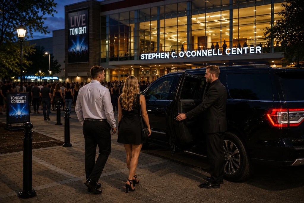 Luxury black SUV chauffeured transportation at University of Florida Stephen C. O'Connell Center