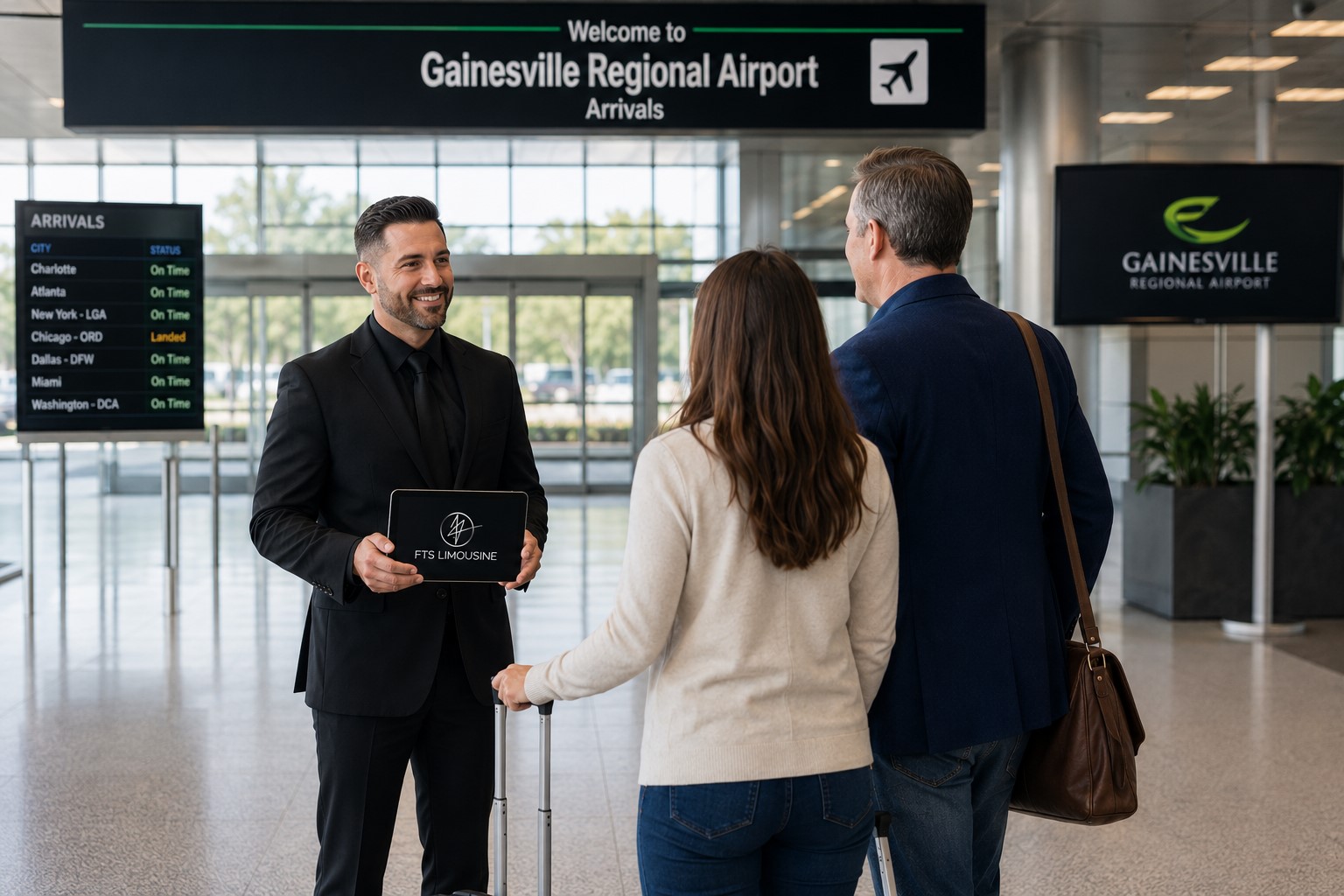 Professional chauffeur providing meet-and-greet service at Gainesville Regional Airport in Gainesville, Florida