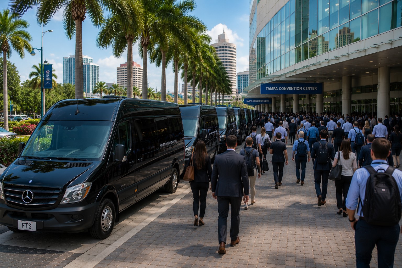 Group transportation shuttles staged at a Gainesville conference center for coordinated event transportation.