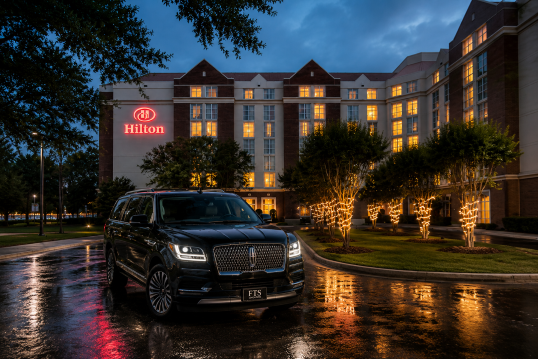 Black Lincoln Navigator L providing private transportation at the Hilton University of Florida Conference Center in Gainesville, Florida.