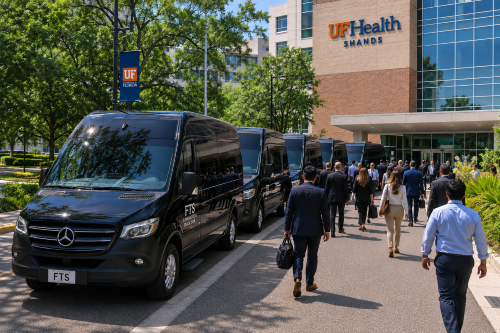 Mercedes Sprinter group shuttles staged outside UF Health Shands in Gainesville, Florida for coordinated group transportation.