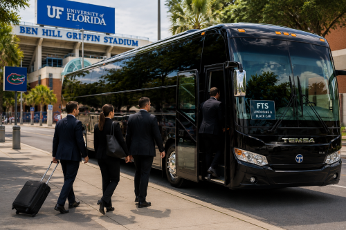 Black TEMSA TS 35 mini coach loading corporate passengers outside Ben Hill Griffin Stadium in Gainesville, Florida.