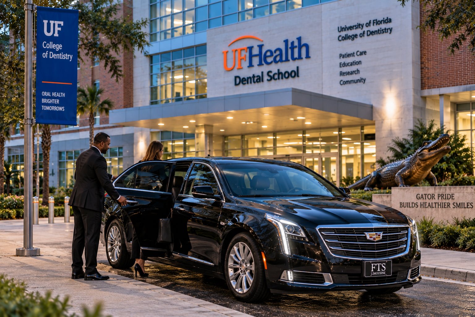 Oral surgeon loading into an FTS Limousine luxury sedan at the UF College of Dentistry in Gainesville, Florida