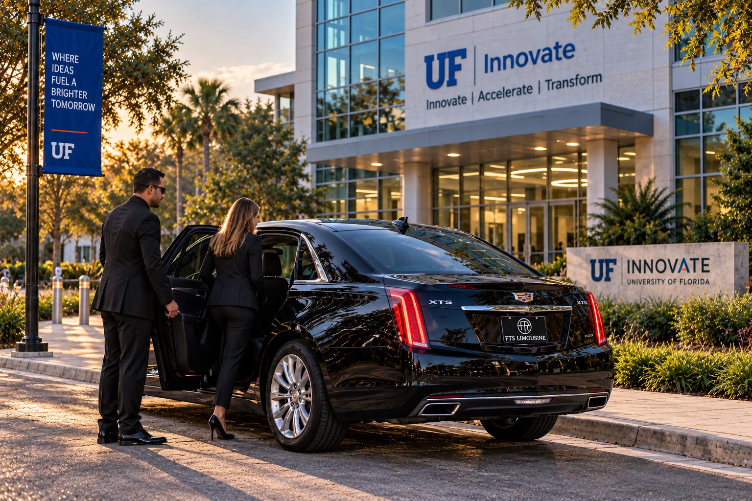 FTS Limousine chauffeur assisting a passenger into a Cadillac XTS sedan at UF Innovate in Alachua, Florida