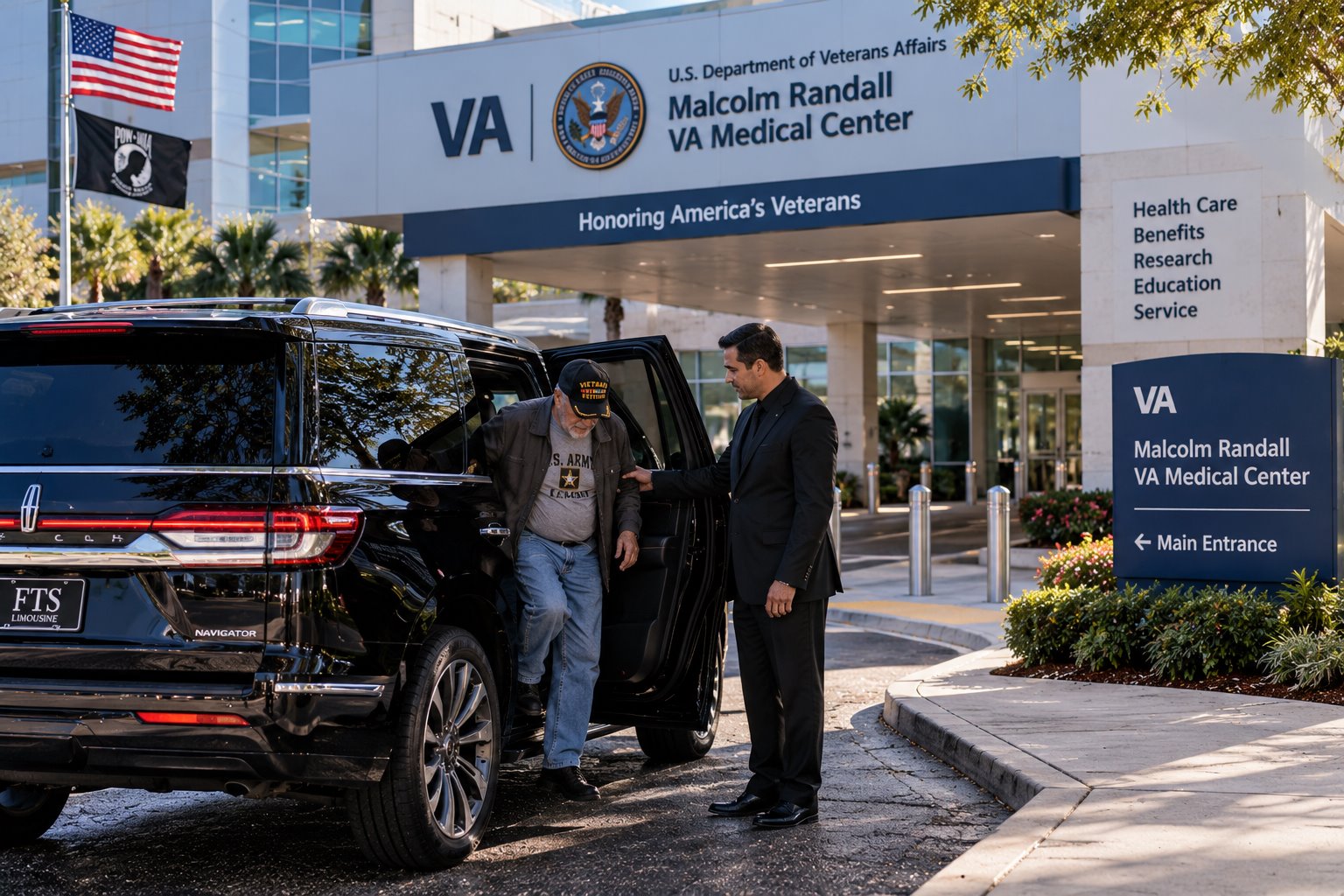 FTS Limousine chauffeur assisting a passenger at the Malcom Randall VA Medical Center in Gainesville, Florida