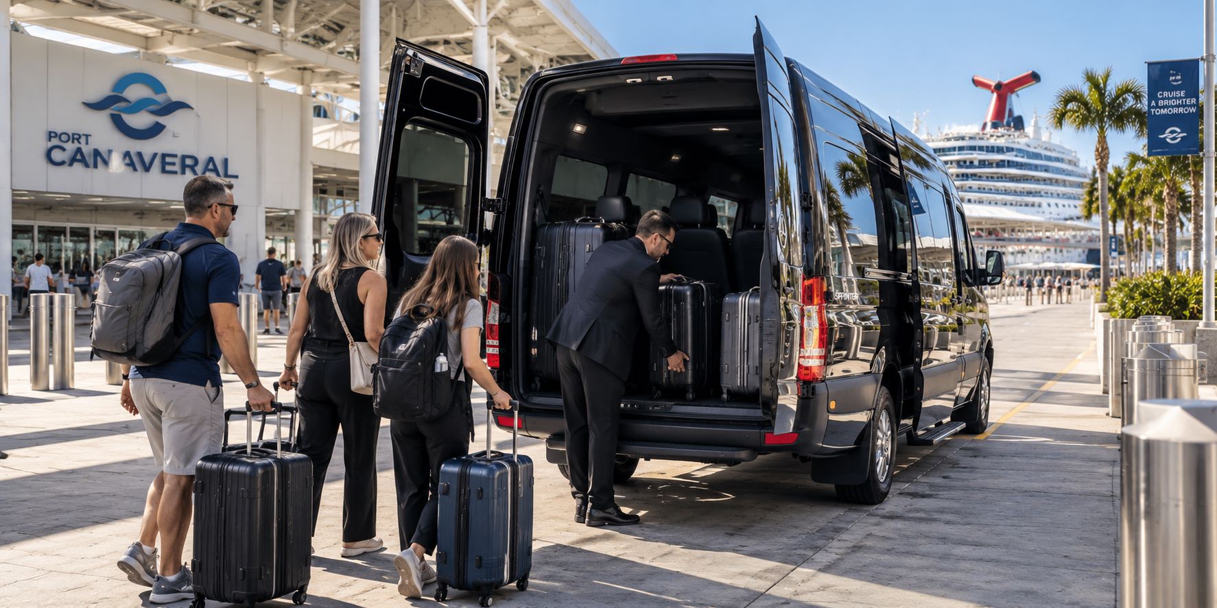 FTS Limousine chauffeur loading passenger luggage at a Port Canaveral cruise terminal for return transportation to Gainesville